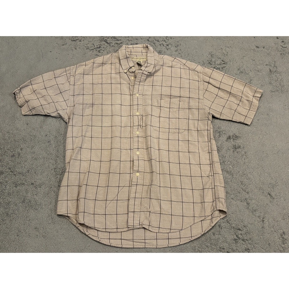 Munsingwear Shirt Mens Large Short Sleeve Button Front Plaid Beige Seersucker